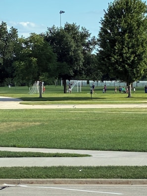 A grassy field with a soccer goal, trees, and a clear sky.