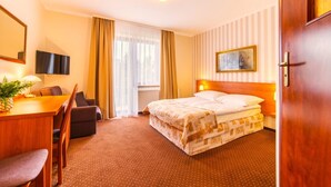 A hotel room with a bed, a desk with a chair, a television, and a window with curtains. - Studio for 2 People, Dziwnowek (Dziwnów)