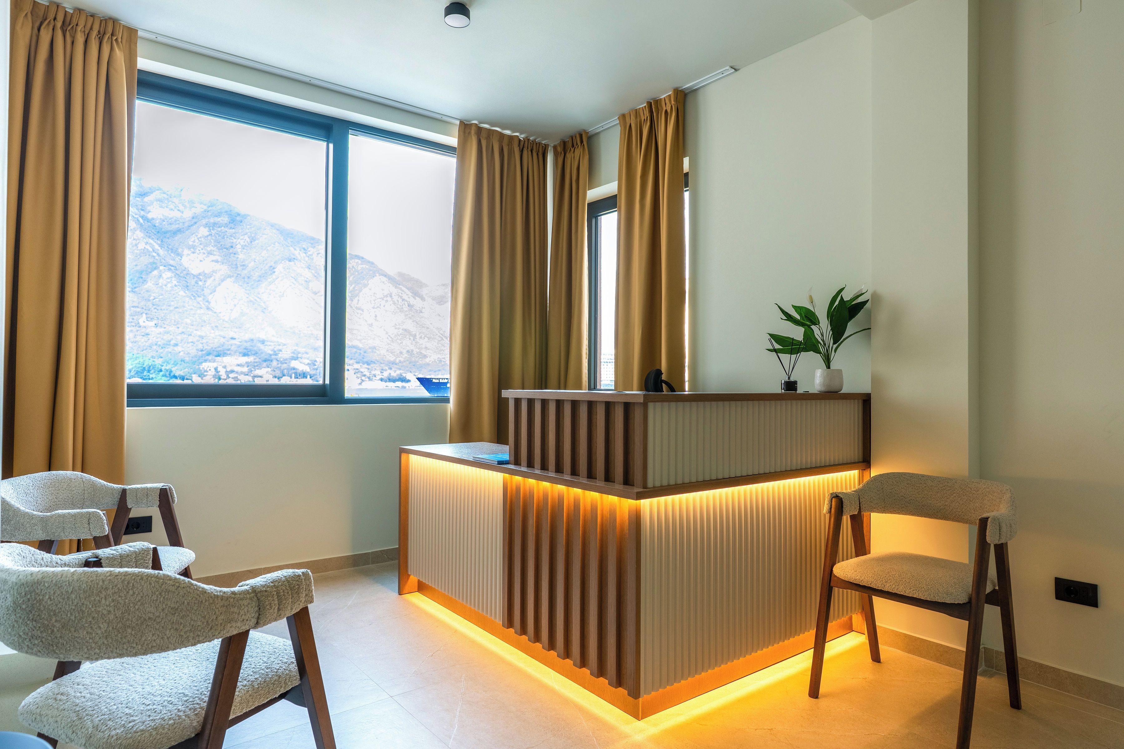 A reception desk with a view of mountains through large windows, two chairs, and a potted plant.