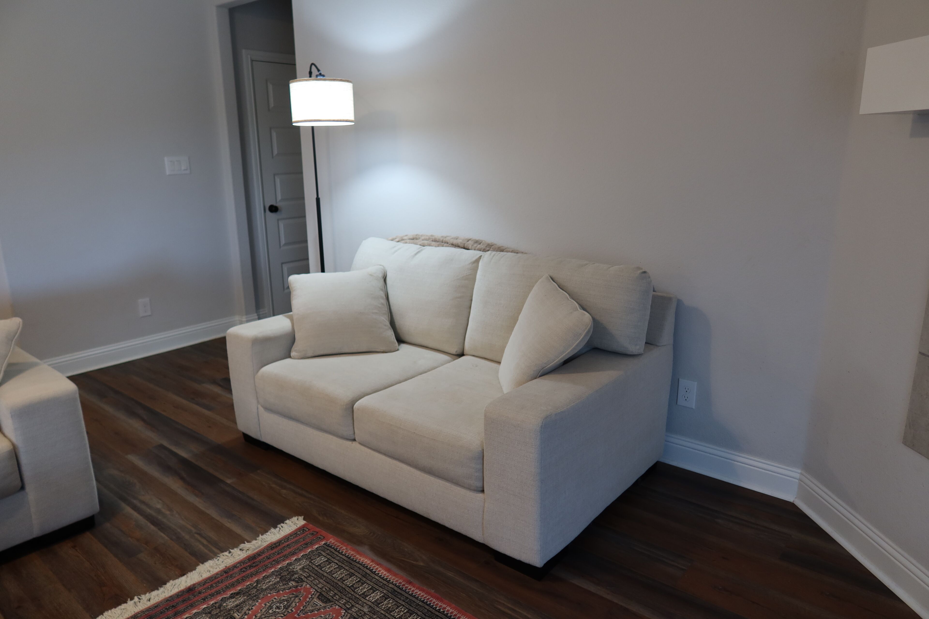 A living room with a beige sofa, a patterned rug, and a floor lamp.