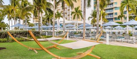 A hotel pool area with multiple lounge chairs and umbrellas, surrounded by palm trees and a building with balconies.