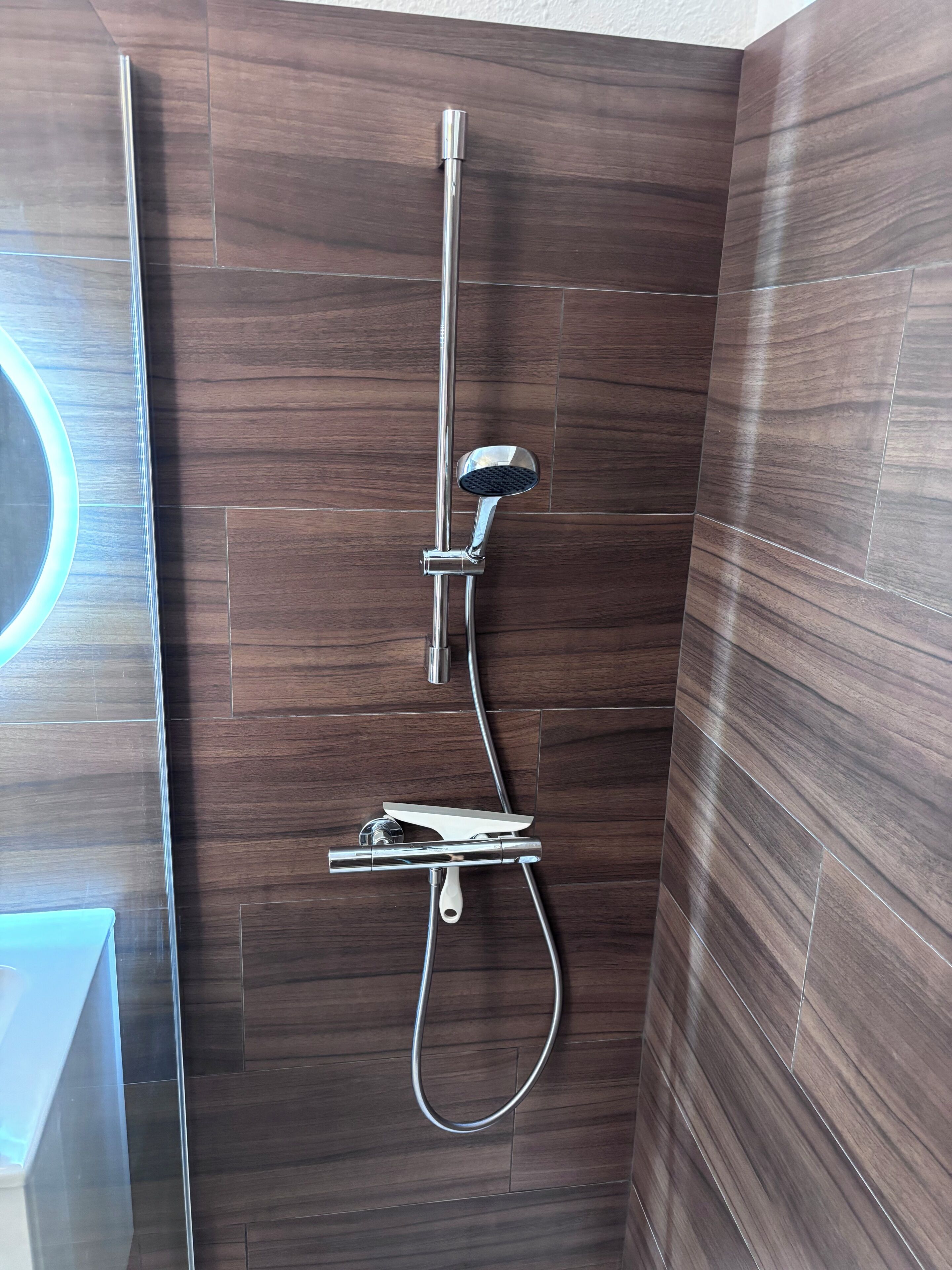 Shower, hair dryer, towels, toilet paper