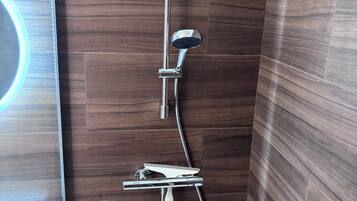 Shower, hair dryer, towels, toilet paper