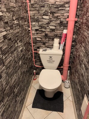 A bathroom with a stone wall, a toilet labeled 'THE THRONE,' a pink pipe, and a black rug.
