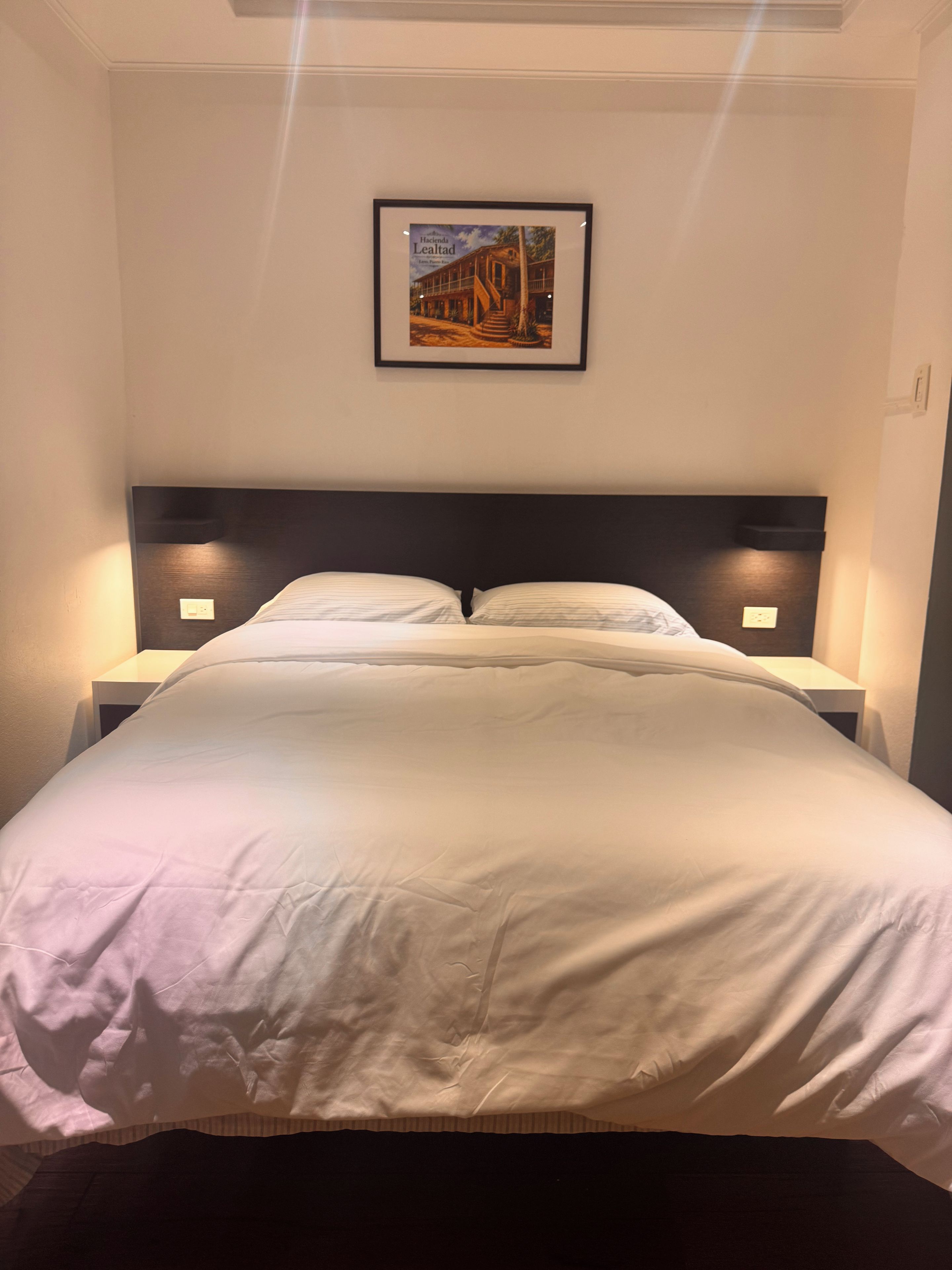 A neatly made bed with a headboard, two bedside tables with lamps, and a framed picture on the wall.