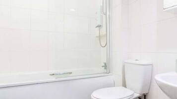 Hair dryer, towels, soap, toilet paper