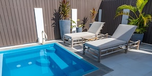 Una piscina amb dues gandules i plantes en testos.