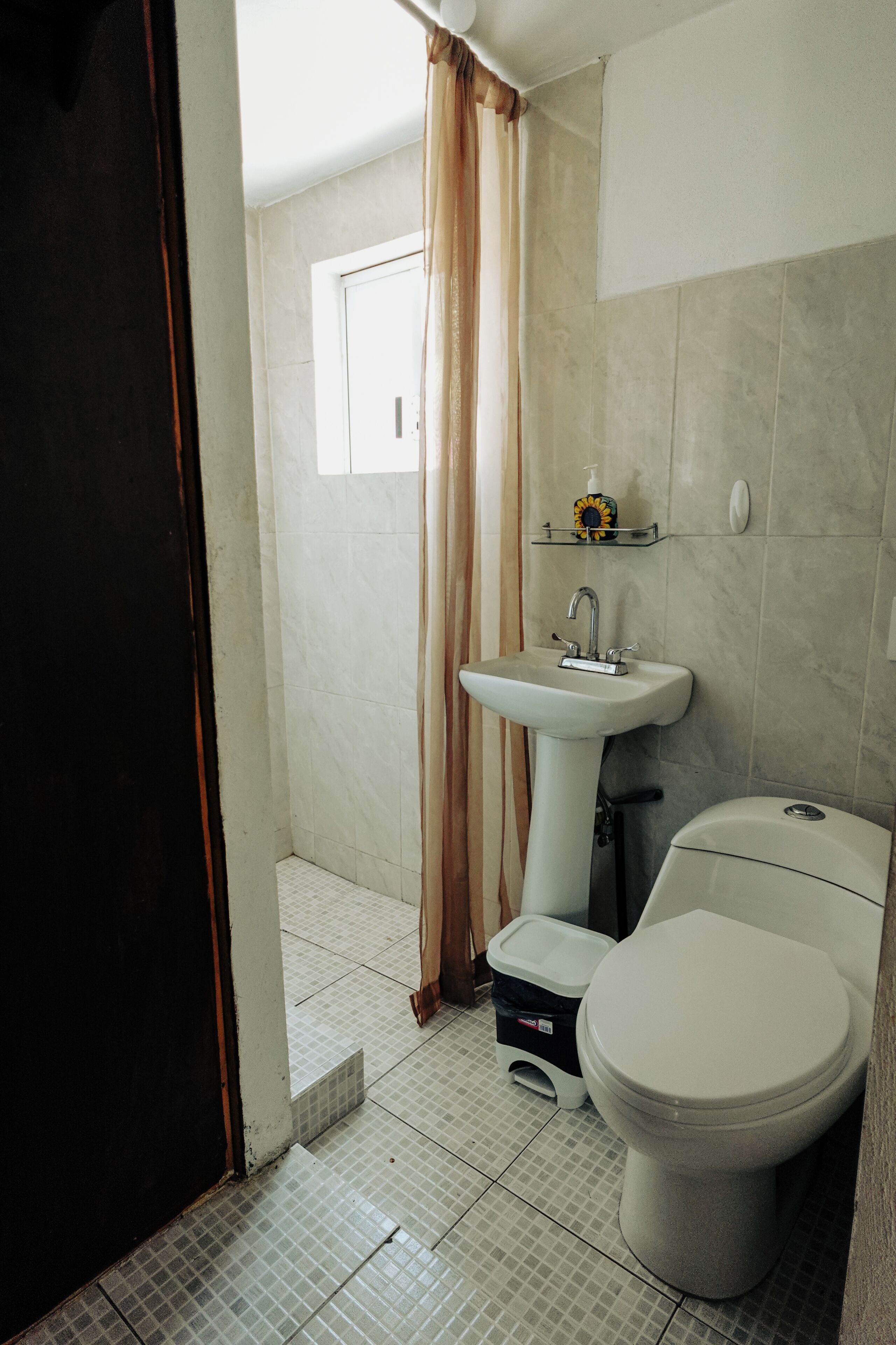 A small bathroom with a toilet, a pedestal sink, and a shower curtain.