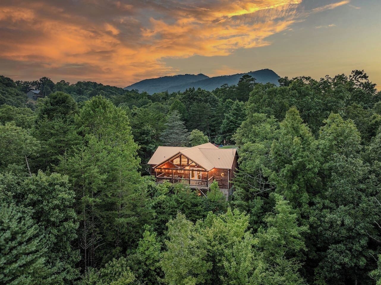 Une cabane entourée d’une forêt dense, offrant une vue dégagée sur le paysage environnant.