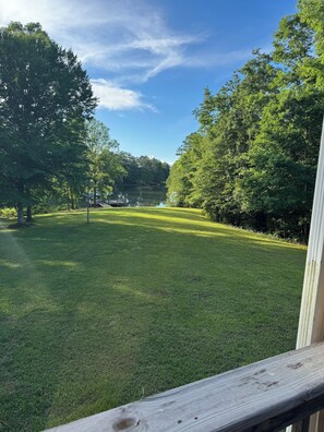 A grassy outdoor area with trees and a clear sky.