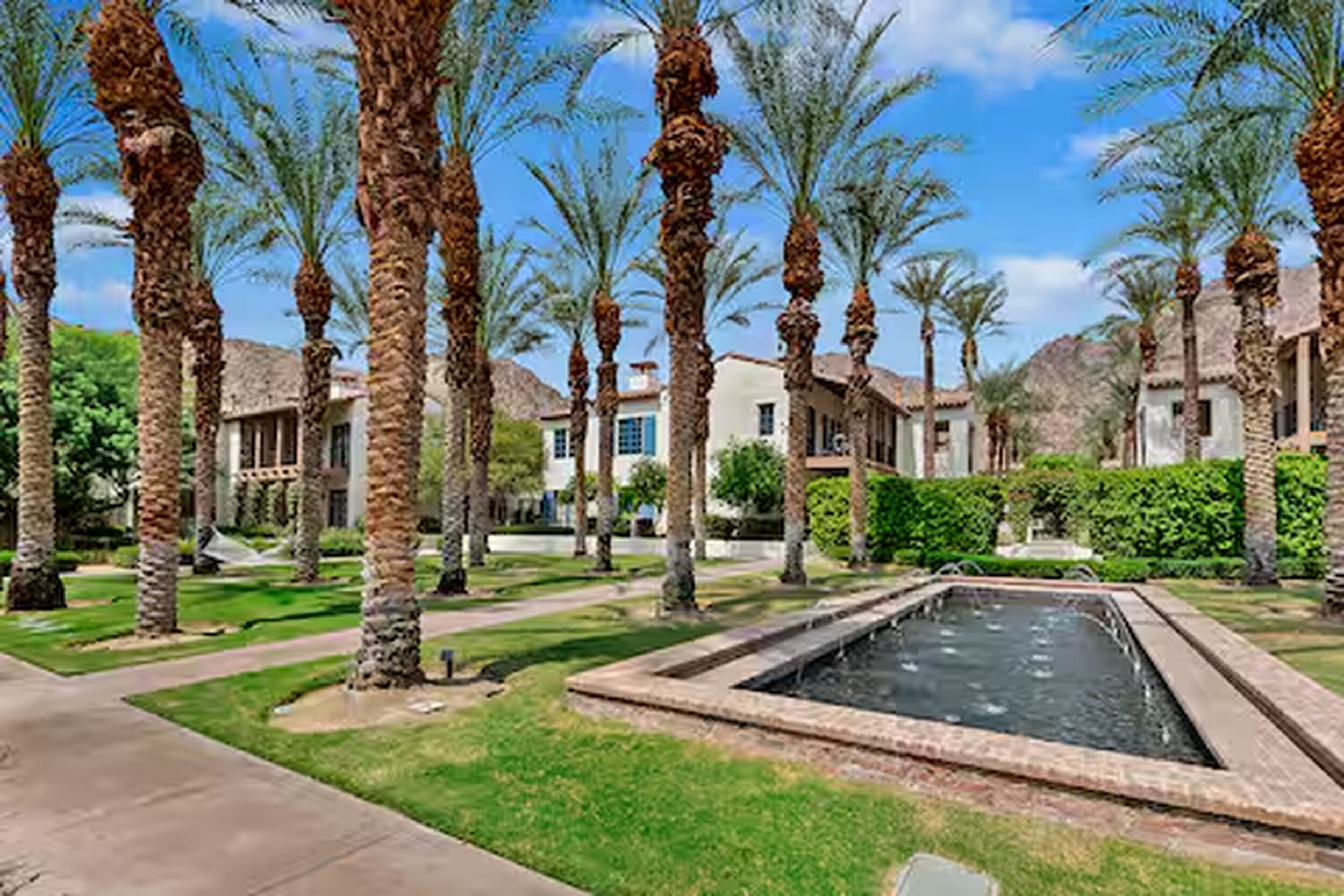 A courtyard with palm trees, a swimming pool, and buildings in the background.