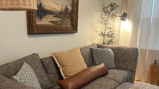 A living room with a sofa, cushions, a painting, a lamp, and a plant. - Vintage Art Lodge 4BR/2BA Full Home in Bay View (Milwaukee)