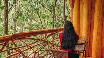 A person seated at a table on a wooden deck with a view of a forest.