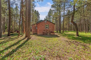 Eine kleine Backsteinhütte, umgeben von hohen Bäumen in einem Wald.