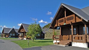 A row of log cabins with a grassy lawn and a clear blue sky.