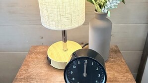 A lamp, a clock, and a potted plant on a wooden table. - Sakura Valley Studio Suite #7 / Private Entrance in beautiful Annapolis Valley (North Alton)