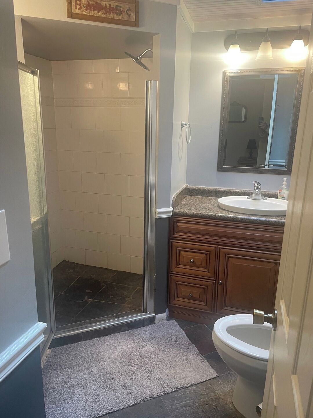 A bathroom with a glass shower enclosure, a sink with a mirror above it, and a toilet.