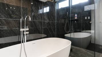 Shower, hair dryer, towels, shampoo