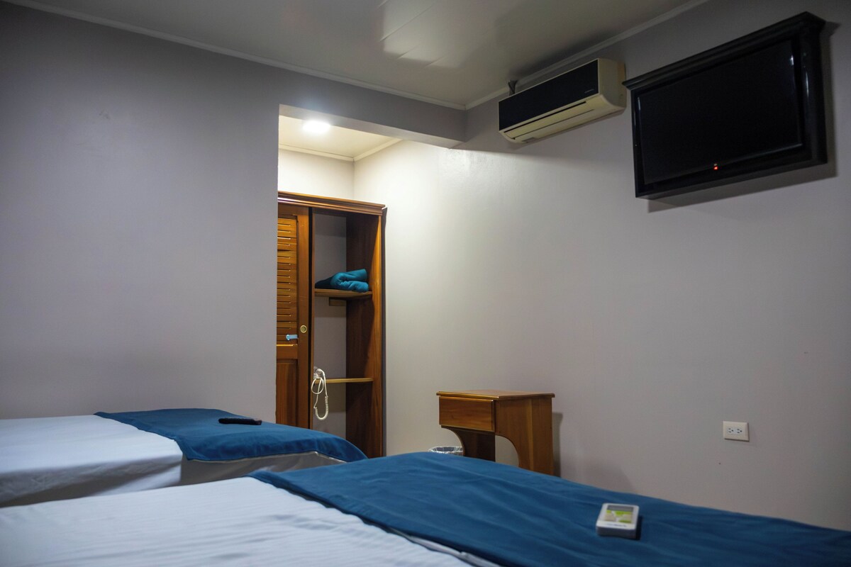 A bedroom with two beds, a wardrobe, a bedside table, an air conditioning unit, and a television.
