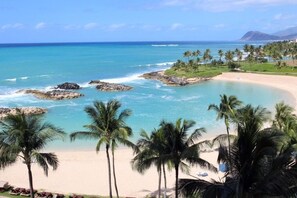 A beach with clear turquoise water, palm trees, and a sandy shore.