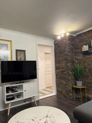 Ein Wohnzimmer mit Fernseher an einer weißen Wandhalterung, einem Topfpflanzen und einer Steinwand.