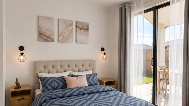 Une chambre dotée d’un grand lit, de deux tables de chevet, d’un ventilateur de plafond et d’une porte-fenêtre coulissante donnant sur un espace extérieur.