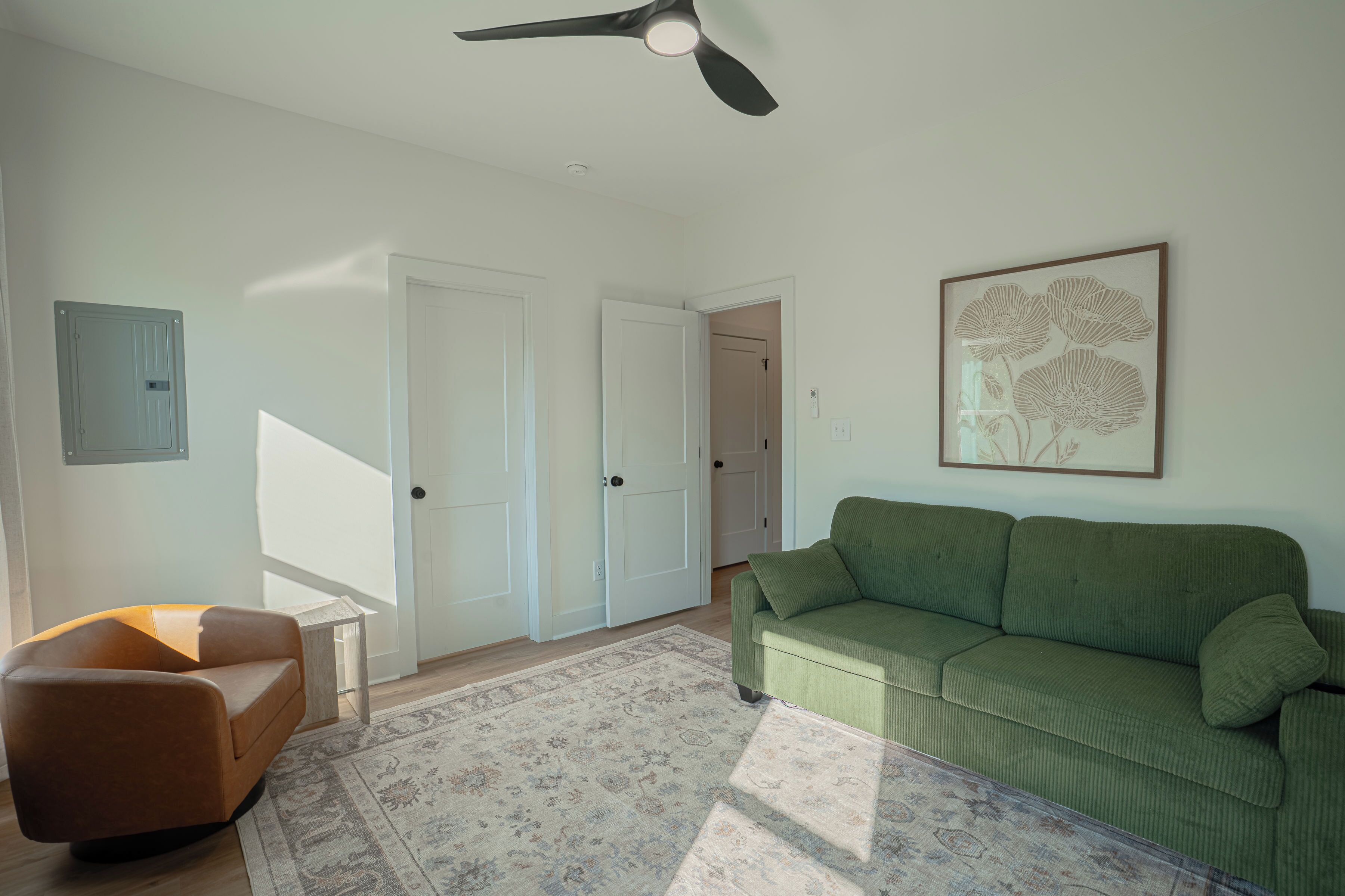 A room with a green sofa, a brown chair, a ceiling fan, and a patterned rug.
