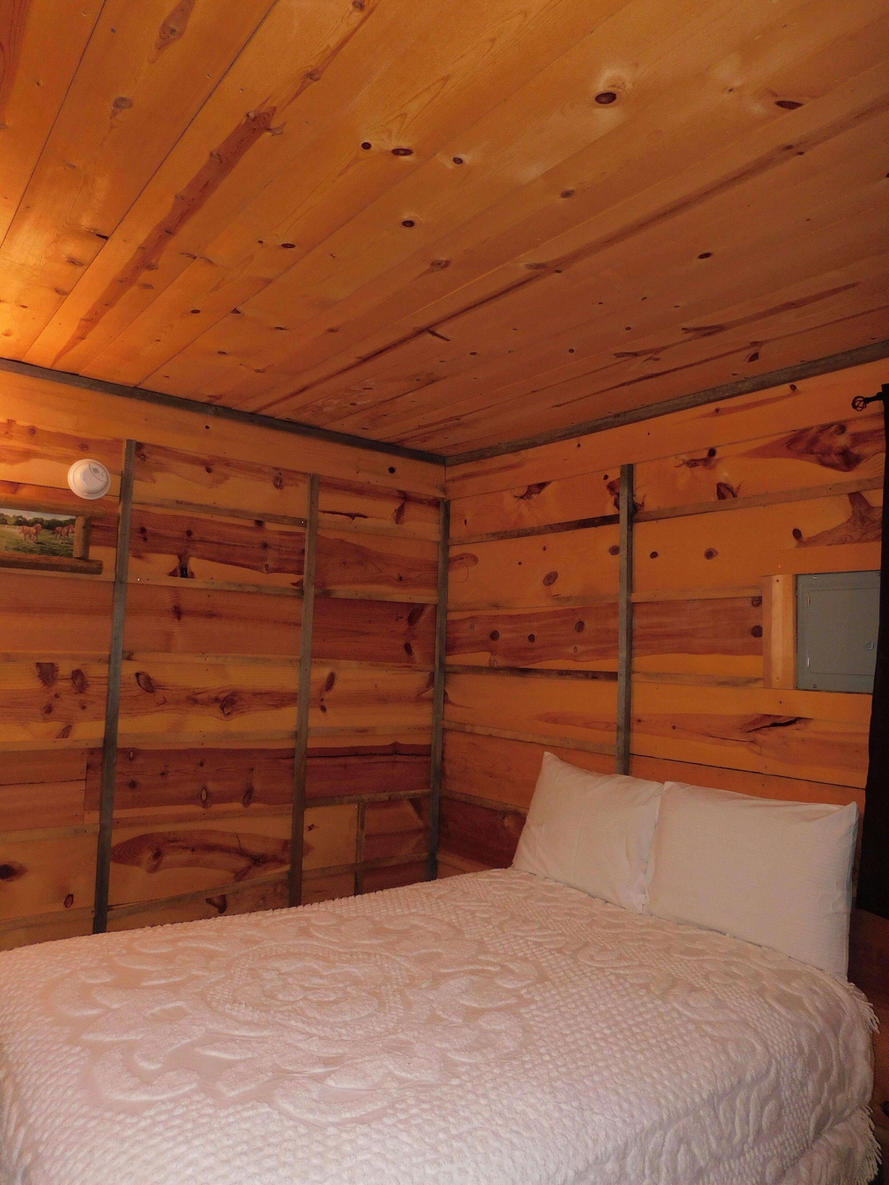 A wooden cabin room with a bed, a wall-mounted light, and a picture.