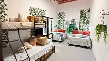A dormitory room with bunk beds, a ceiling fan, and green plants.