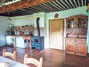 Eine rustikale Küche mit Holzofen, Mikrowelle und Spüle. Ein Holzkabinett mit Glastüren und einer karierten Tischdecke auf dem Tisch.