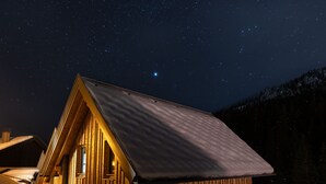 Eine Holzhütte mit geneigtem Dach, einem Fenster und einer Tür.