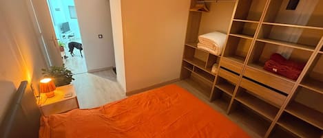 A modern bedroom with a bed, a walk-in closet, and a hallway leading to another room.