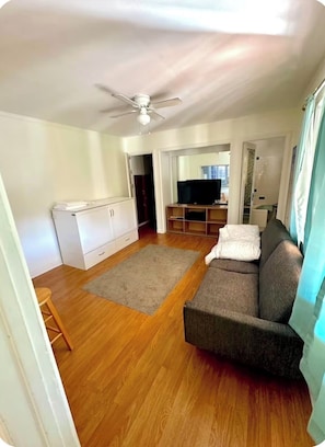 A living room with a sofa, a television, a ceiling fan, and a wooden floor.
