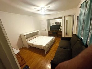 A compact room with a bed, a sofa, a television, and a ceiling fan.