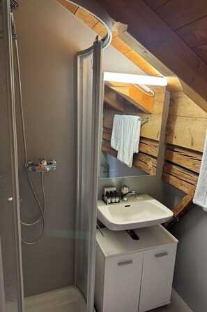 A bathroom with a shower, a sink, and a mirror. - Plaz Aldier, (Sent) by Interhome (Sent)