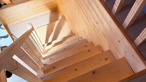 A wooden staircase with a handrail and steps. - A-frame with lake view near Stepanavan (Vardablur)