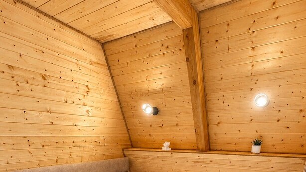 A single bed with a headboard and pillows, a wooden sloped ceiling, and a small shelf with a plant. - A-frame with lake view near Stepanavan (Vardablur)