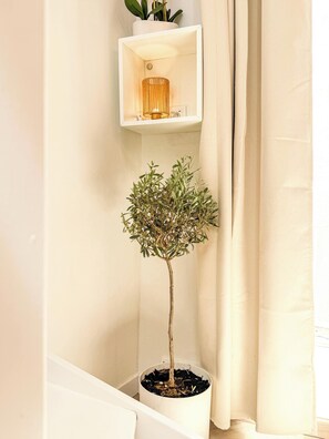 Une plante en pot dans un coin, une étagère blanche avec une lampe et un rideau.