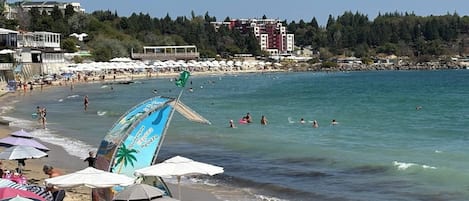 A beach with umbrellas, people, and a building in the background.