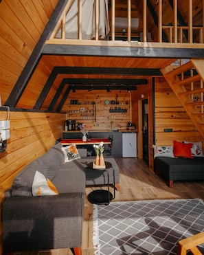 Bungalow, cocina, vista al mar | Área de sala de estar