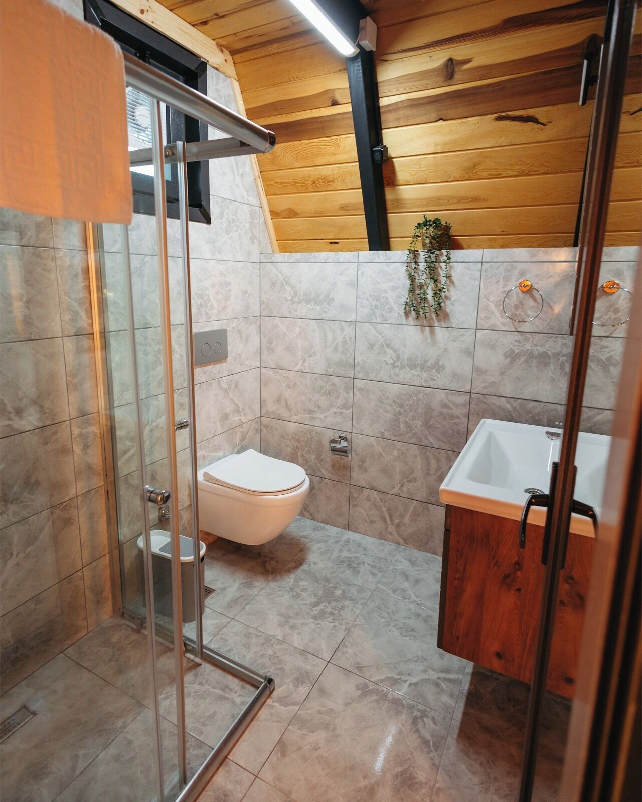 Ein Badezimmer mit einer gläsernen Duschkabine, einer Toilette und einem Waschbecken mit Holzschränken.