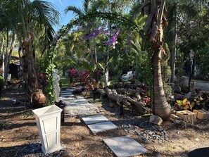 A garden pathway with palm trees, purple flowers, and a white statue.