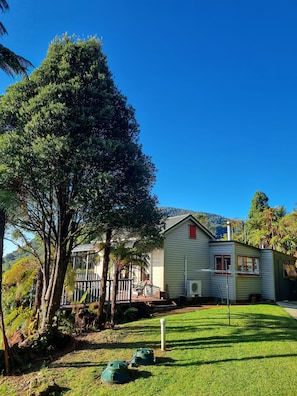 A house with a porch, a lawn, and a large tree.