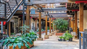 An indoor courtyard with wooden beams, potted plants, and a staircase. - Mactaggarts Place Apartments (Teneriffe)