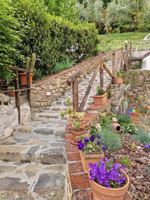 A stone pathway leading up to a wooden staircase with railings, surrounded by potted plants and a variety of greenery. - In Celli, Between the Woods and the Sky - Apartment in an Old Farmhouse Surrounded by Greenery (San Martino in Freddana - Monsagrati)
