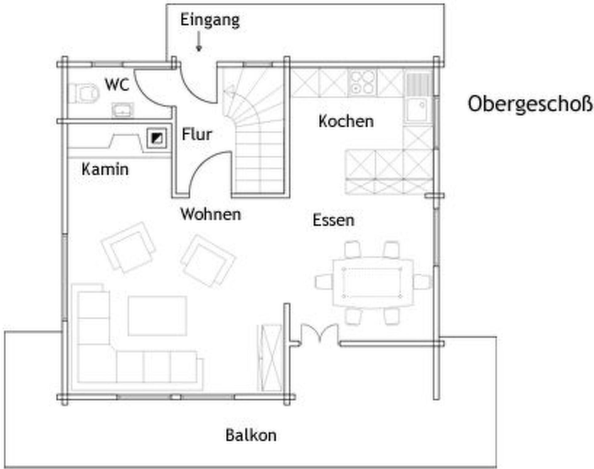 Et hotelplantegning, der viser toilet, køkken, spisestue, opholdsstue og balkon.