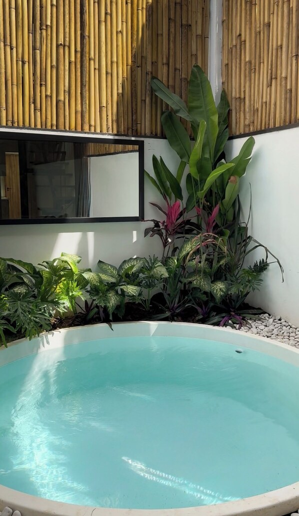 Ein Swimmingpool, umgeben von unterschiedlicher Bepflanzung und einer Bambuswand.
