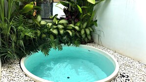 Una piscina circular rodeada de guijarros blancos y diversas plantas verdes.