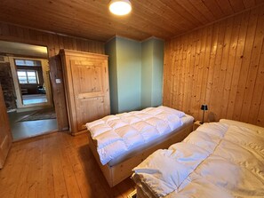 A wooden-paneled room with a bed, a wardrobe, and a door leading to another room.