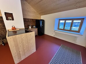 A compact kitchen with a built-in refrigerator, a window with a view, and a wooden partition.